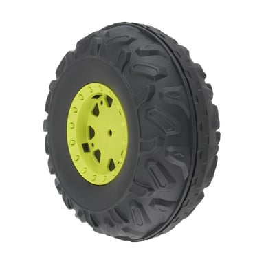 Närbild på Plastic Wheel Driving 023483, med ett svart terrängdäck med en klargul fälg och djup, robust mönster.
