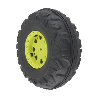 Zbliżenie na Plastic Wheel Driving 023483, z czarną oponą terenową z jaskrawo żółtą felgą i głębokim, wytrzymałym bieżnikiem.