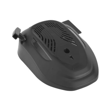 Svart plasttäckning för gräsklippardäck med ventilationsspår, ett mitthål, sidospak och en rektangulär kantflik.
