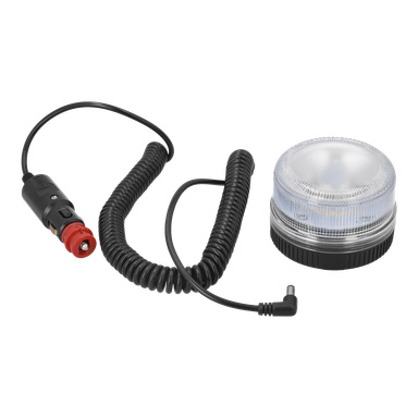 Ein Hamron-rundes, transparentes SOS/Arbeits-Signal mit magnetischem LED-Aufsatz und schwarzer Basis ist neben einem aufgewickelten Stromkabel mit L-förmigem Stecker und einem 12V-Autoadapter zu sehen, was die Eignung für Fahrzeuge anzeigt.