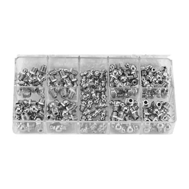 Et sett med 110 forskjellige små metallfettnipper (zerk-fittings) fra Hamron er arrangert i tolv rom inne i en klar plastorganiseringsboks, egnet for maskiner og smøring av biler.