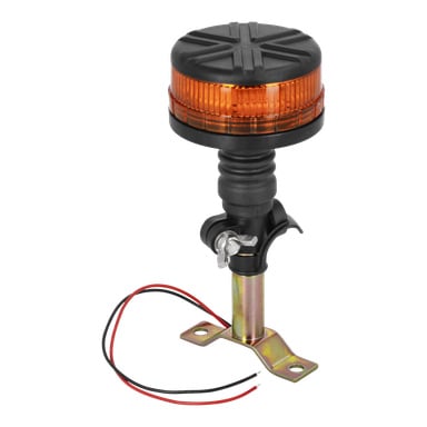 Eine Hamron-LED-Warnleuchte mit einem zylindrischen orangefarbenen Leuchtfeuer und schwarzer Basis ist an einer Metallhalterung befestigt, von der zwei Drähte – eines rotes und eines schwarzes – darunter hervorragen. Die Baugruppe verfügt außerdem über eine Klemme, um sie an einer Stange oder einer flachen Oberfläche zu befestigen.
