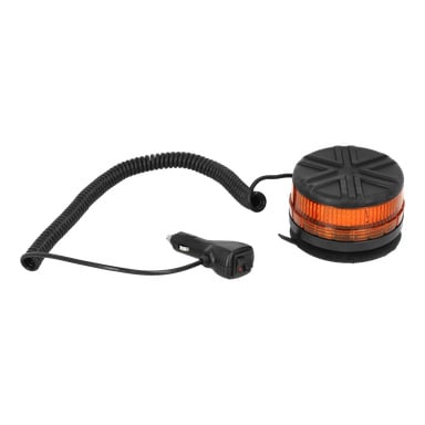 Eine Hamron-LED-Warnleuchte mit magnetischer Basis, die eine runde bernsteinfarbene Lampe in einem schwarzen Gehäuse zeigt. Er ist an ein aufgewickeltes Netzkabel und einen Stecker angeschlossen, der für die Verwendung in der Zigarettenanzündersteckdose eines Autos konzipiert ist.