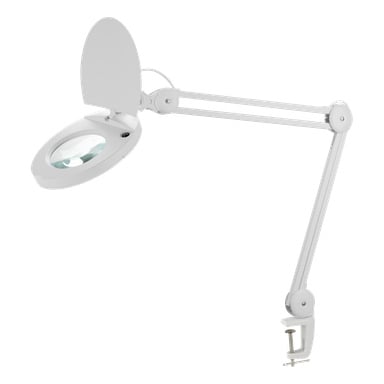Anslut arbeidslampe med LED-forstørrelse, hvitt deksel, sirkulært objektiv med beskyttelsesdeksel og justerbar flerleddet arm. Klemmer sikkert til siden av bordet for allsidig posisjonering.