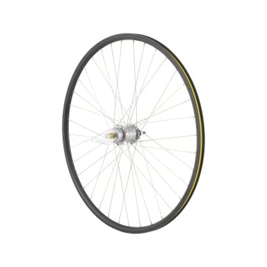 Rear Rim Women's Bike har ett enda hjul med svart däck, metallekrar och en central nav som står upprätt.