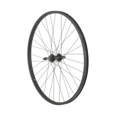 Bakfelgen 26" No Cassett 006381 har svart felg, metalleiker og et sentralt nav, som står oppreist alene.