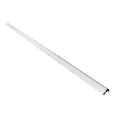 En 195 cm tunn aluminiumskena för en dörr eller sidovägg, lätt böjd med en sned kant och en liten svart bit i ena änden.