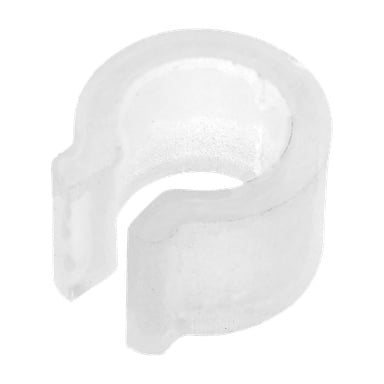 Hinge Upper F. 016482 är en liten, genomskinlig, halvcirkelformad plastklämma med ett öppet spår på ena sidan.