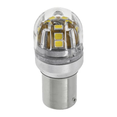 En detaljerad vy av en Hamron LED-billampa P21W, som visar dess klara rundade lock, gula LED-chip inuti och metalliskt silverfärgad bas.