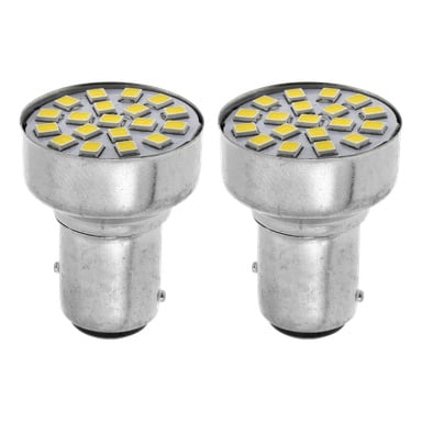 Ett par Hamron LED-billampor (P21W/5W, 2-pack) visas stå bredvid varandra. Varje lampa har en ring av gula LED-chip på toppen och en silvercylindrisk metallbas under.