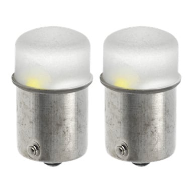 Två identiska Hamron LED-billampor (R5W/R10W, paket om 2) visas sida vid sida. Båda lamporna har rundade, frostade toppar och cylindriska metallsocklar med synliga skruvdetaljer.
