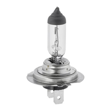 Eine Hamron Halogen H7 Autobirne steht aufrecht, mit einem Metallsockel mit zwei Stiften, das den Glühfaden und das Innenwerk durch das transparente Glas freilegt.