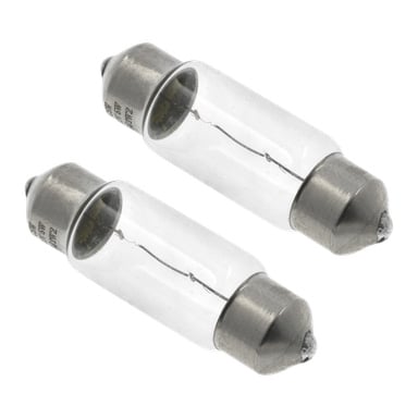 Två Hamron Car Bulb C10W-lampor visas diagonalt. Varje lampa har ett genomskinligt cylindriskt glasrör med metalllock i båda ändar, vilket avslöjar glödtrådarna inuti. Tekniska detaljer är ingraverade på metallsocklarna. Det här är ett paket med två lökar.