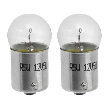 Två identiska Hamron R5W billampor (paket om 2) visas sida vid sida, var och en med klart glas, metallbas och synlig glödtråd. "RSW 12V" står tryckt på basarna.