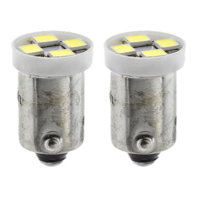 Två identiska Hamron LED-billampor (T4W 2-pack) med silverfärgade socklar och runda toppar, var och en med fyra gula fyrkantiga dioder, placerade sida vid sida.