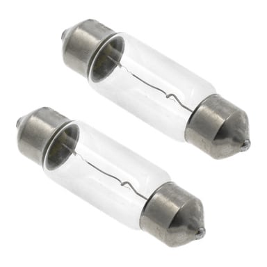 Två Hamron Car-lampor C5W-produkter är placerade sida vid sida. Varje har en cylindrisk glaskropp med metalllock i båda ändar och en tunn tråd synlig inuti.