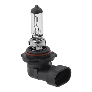 Eine Hamron Halogen HB4 Autoglühbirne mit Metallsockel, klarem Glasdeckel, schwarzer Gummidichtung und schrägem schwarzem Kunststoffanschluss.