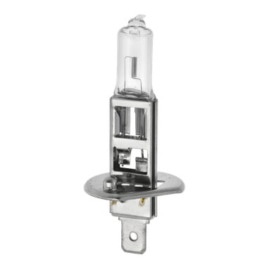 Eine Hamron Halogen H1 Autoglühbirne mit Metallsockel und transparenter Glasdecke, die den Glühfaden und die Innenteile zeigt.