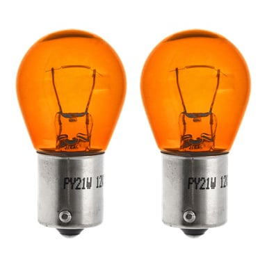 Två Hamron PY21W billampor med orange glas och metallsocklar står upprätt bredvid varandra. Deras interna filament är synliga och baserna visar tryckta specifikationer. Paketet innehåller två lampor.