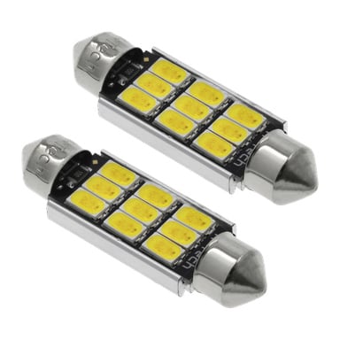 Två Hamron LED-billampor, modell C5W/C10W, visas. Varje lampa har ett svart kretskort med åtta gula ytmonterade LED-lampor i två rader om fyra, med silverfärgade metallkapslar i varje ände.