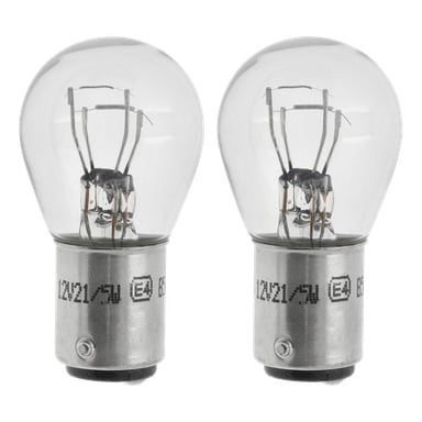 Två Hamron Car-glödlampor P21/5W är placerade sida vid sida. De har klart glas med synliga inre filament och metalliska baser med svarta markeringar. Den här produkten kommer i ett paket med två.