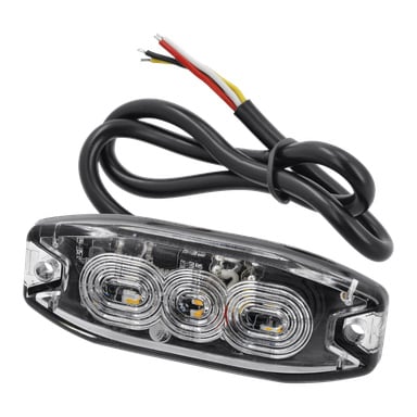 Eine ovale, transparente Hamron-LED-Taschenlampe mit drei sichtbaren Glühbirnen im Inneren, einem schwarzen Außengehäuse, zwei Befestigungslöchern und vier farbigen Drähten – rot, schwarz, weiß und gelb – die von hinten herausragen.