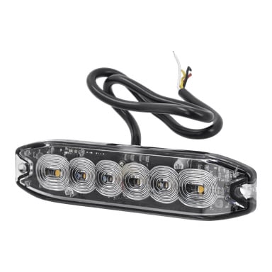 Nahaufnahme einer Hamron LED-Taschenlampe mit rechteckiger Form, fünf runde LED-Lichter unter einer transparenten Abdeckung und einem angeschlossenen schwarzen Kabel, das rote, gelbe, weiße und schwarze Drähte freilegt.