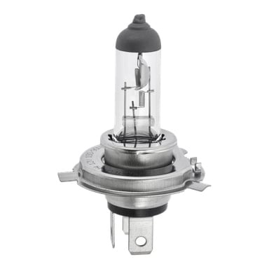 Eine Nahaufnahme der Hamron Halogen H4 Autoglühbirne zeigt ihr transparentes Glasrohr, den freiliegenden Glühfaden und den Metallsockel mit zwei flachen Stiften.