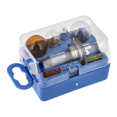 Das Hamron Halogen H7 Scheinwerfer-Set besteht aus 8 Teilen, die in einem blauen Kunststoffgehäuse mit klarem Deckel organisiert sind. Im Inneren sind Autoglühbirnen wie Scheinwerfer und Blinker neben zwei Sicherungen unterschiedlicher Farbe angeordnet, wobei jedes Teil in einem eigenen Fach getrennt ist.