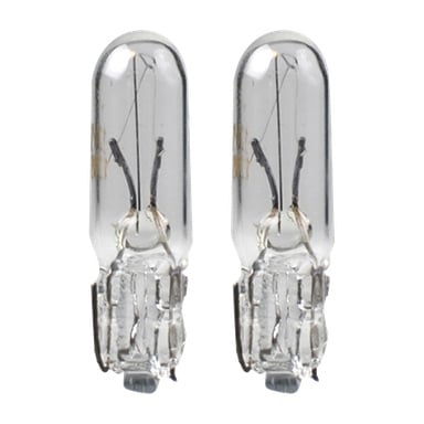 Två Hamron-billampor, modell W1, 2W/T5, visas sida vid sida. Varje kompakt lampa har en transparent glaskropp med en synlig glödtråd inuti och en metallsockel längst ner för sockelanslutning. Bilden visar båda lamporna som ingår i paketet.
