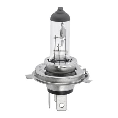 Eine detaillierte Nahaufnahme einer Hamron Halogen H4 Autolampe, mit Metallsockel und transparentem Glasrohr, das den inneren Glühfaden und die Metallteile zeigt.