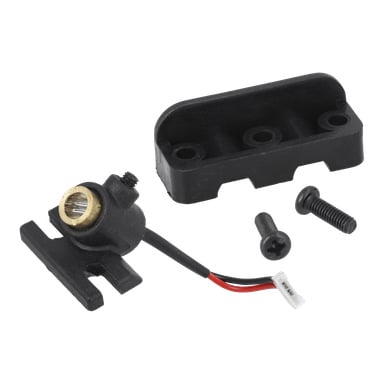 En laserkit med skär- och geringssåg i svart plast och metall, med tråd, plugg, matchande lock och två svarta skruvar.
