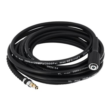 En spiralad svart högtryckstvättslang med metallkontakter, märkt 200 bar, 20 MPa, 2900 psi, max 60°C och 2024.04.
