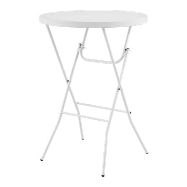 EKVIP Folding barbord har ett cirkulärt vitt bordsbord som stöds av fyra metallben med sammanlänkande stödstänger och svarta fötter.