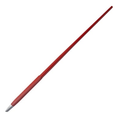 En lång röd kofot med en spetsig silverspets, placerad diagonalt från nedre vänstra till övre högra sidan.