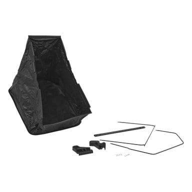 Omonterad Leaf Collector F. 022198-kit med svart tygpåse, metallramdelar, plastbeslag och skruvar visas.