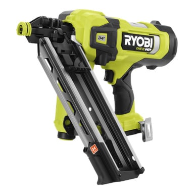 Ryobi One+ HP batteridrivna spikpistol RFN1834X-0 har en limegrön och svart design, ett vinklat magasin och en metallkrok.