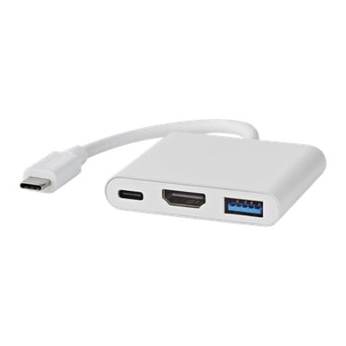 Nedis USB C -moniporttisovittimessa on valkoinen muotoilu, johon kuuluu yksi USB-C-portti, yksi HDMI-portti ja yksi USB-A-portti. Siinä on lyhyt kaapeli USB-C-liittimellä.