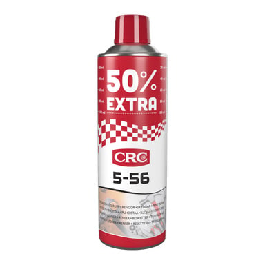 En CRC Multipurpose sprayburk 5-56 med röd och vit etikett, mätmarkeringar och "50% EXTRA" står upprätt.