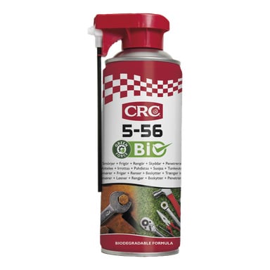 En CRC 5-56 BIO multifunktionssprayburk med ett rött lock och ett fastsatt sugrör, med verktygsgrafik på etiketten. Förpackningen främjar dess biologiskt nedbrytbara formel och betonar miljövänliga egenskaper.