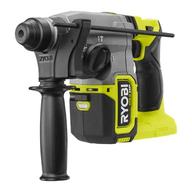Ryobi One+ HP RSDS18X-0 batteridrivna hammarborr visas från sidan, med ett svart hjälphandtag, distinkta grå och gula detaljer och dess batteriplats längst ner.