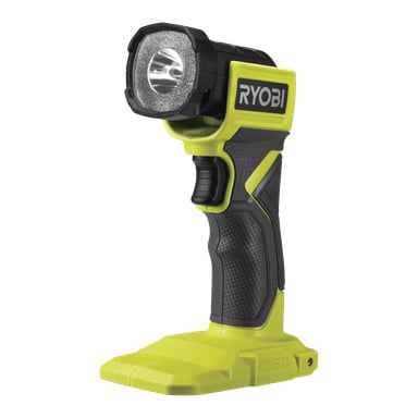 Die Ryobi One+ RLF18-0 Akkulampe hat ein schwarzes und leuchtend grünes Gehäuse und ist mit dem Batteriesystem des Ryobi ONE+ kompatibel (Akku separat erhältlich). Der Taschenlampenkopf, der eine reflektierende Linse enthält, ist leicht nach oben geneigt.