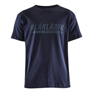 En herr-Blaklader t-shirt med rund urringning och korta ärmar, i enfärgat marinblått, med "BLÅKLÄDER WORKWEAR" tydligt över bröstet.