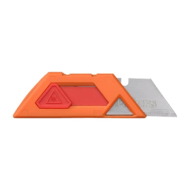 En kompakt Hultafors servicekniv från Blades 10-packet, med en orange kropp, ett rött triangulärt grepp och ett delvis utdraget silverblad.