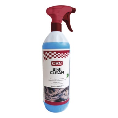 En flaska CRC Bike Clean cykelrengöring med en röd spraymunstycke och blå vätska. Etiketten innehåller text som "Universal cycle cleaner" och "BIKE CLEAN", samt grafik av en cykelkedja och växlar.