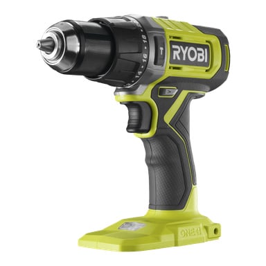 Ryobi One+ Impact borrmaskin RPD18-0 är trådlös och finns i svart, grönt och grått. Den har ett ergonomiskt grepphandtag, justerbara vridmomentinställningar och en synlig borrhaka. Basen har inget batteri anslutet.