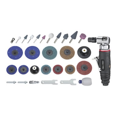 Ett 28-delat set med pneumatisk vinkelslip från Meec Tools, inklusive slipstenar, slipskivor, backpads, skiftnycklar, adaptrar, en liten flaska och själva den pneumatiska vinkelslipmaskinen – alla komponenter ordnade på ett ordnat sätt.