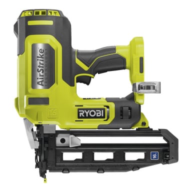 Ryobi One+ Brad-pistolen R16GN18-0, en sladdlös 16-gauge spikpistol i klargult och svart, syns från sidan och framhäver dess handtag, avtryckare och magasin. Verktyget har tydlig produktmärkning och Ryobi One+-märkning.