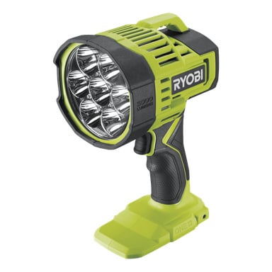 Die Ryobi One+ Portable LED-Stirnlampe RLS18-0 hat ein grün-schwarzes Design, sechs LED-Glühbirnen mit 3000 Lumen, einen geformten Tragegriff und eine Basis, die für die Nutzung mit Ryobi-Batterien konzipiert ist.