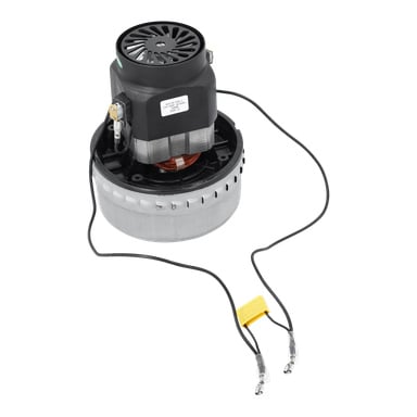 Motor F. 014123, en dammsugarmotor, har fastsatta kablar, svart hus, kopparspolar och en rund silverbas.